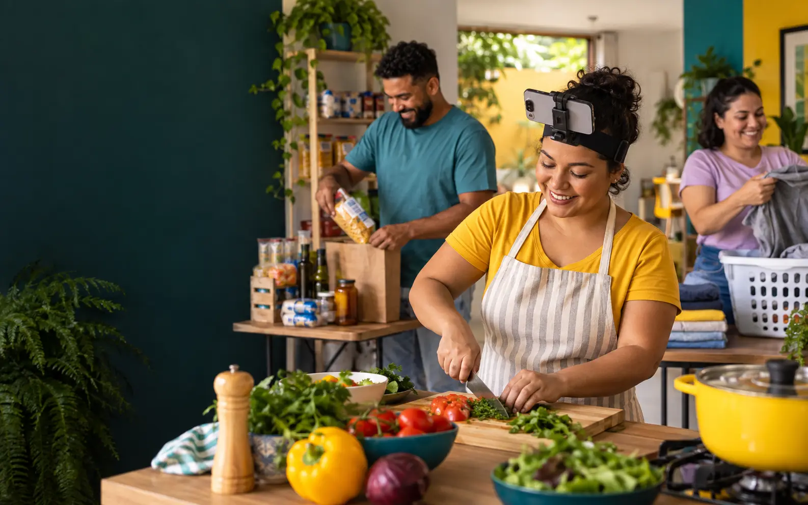 Pessoas gravando tarefas reais de cozinha, organização e lavanderia